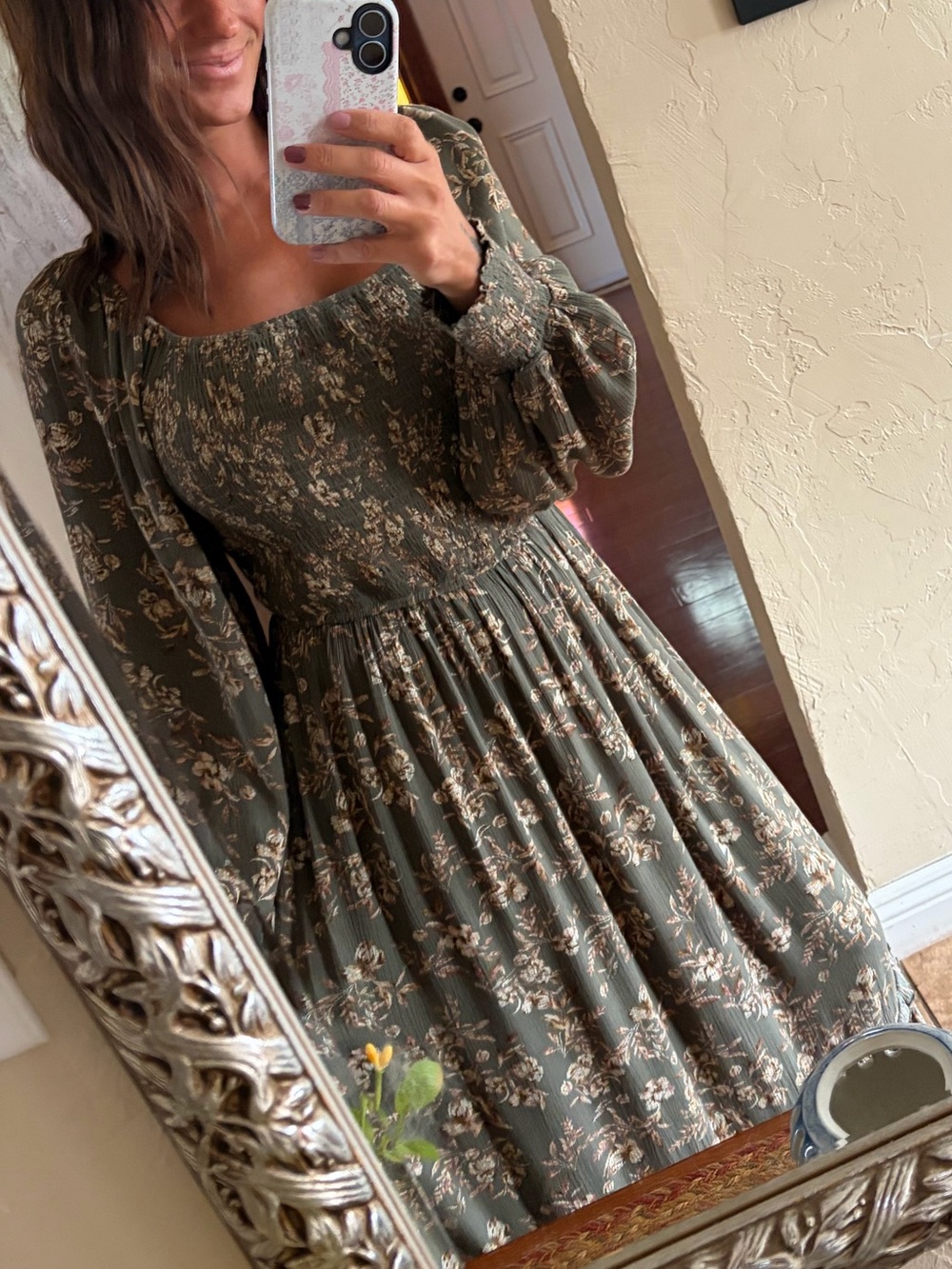 Promesa Olive Floral Long Sleeve Midi Dress